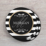 Modern Stripes Gold Border Family Name Round Paper Coaster<br><div class="desc">Modern Stripes Gold Border Family Name Paper Coaster.</div>