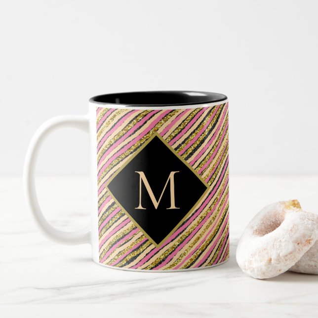 Modern Stripes Gold Glitter Monogram Black Two-Tone Coffee Mug