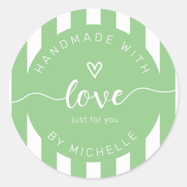 modern stripes handmade with love monogram classic round sticker (Front)