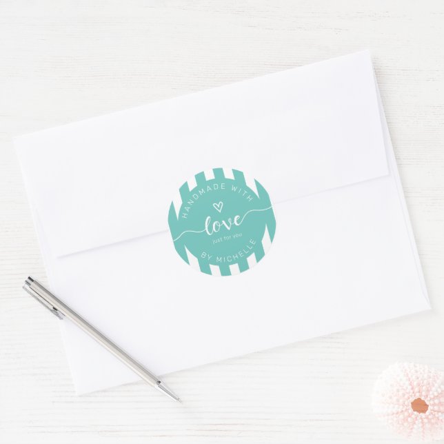 Modern Stripes Handmade With Love Monogram Classic Round Sticker (Envelope)