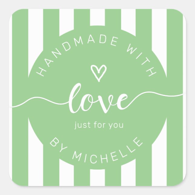 modern stripes handmade with love monogram square sticker (Front)