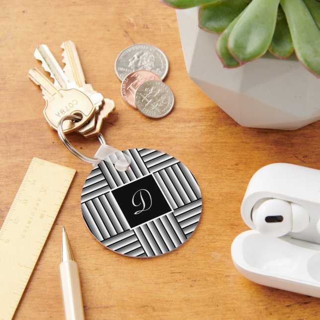 Modern stripes in black, white and grey - Monogram Keychain (Desk)