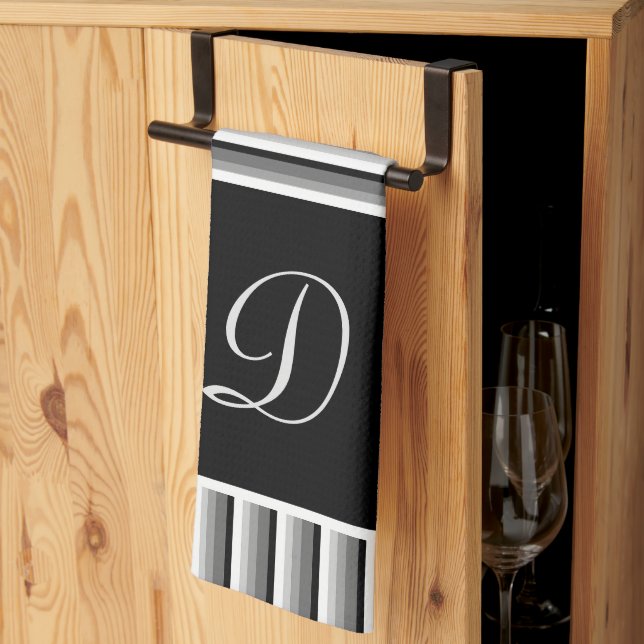 Modern stripes in black, white and grey - Monogram Kitchen Towel (Thirds Fold)