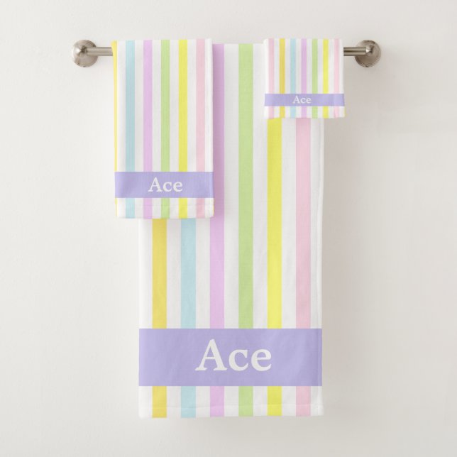 Modern Stripes in Pastel Colours Personalized Bath Towel Set (Insitu)