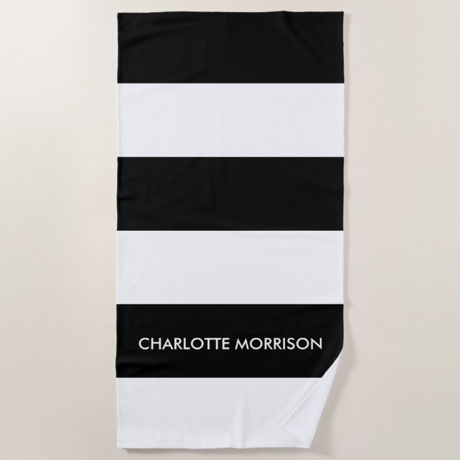 Modern stripes name monogram black and white  beach towel (Front)