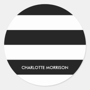 Modern stripes name monogram black and white classic round sticker