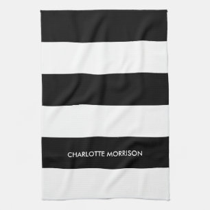 Modern stripes name monogram black and white kitchen towel