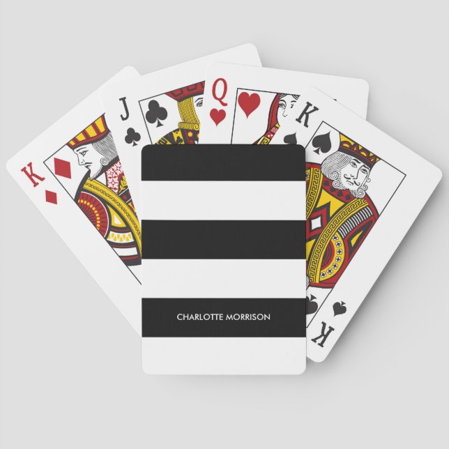 Modern stripes name monogram black and white playing cards (Back)