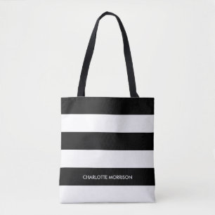 Modern stripes name monogram black and white tote bag