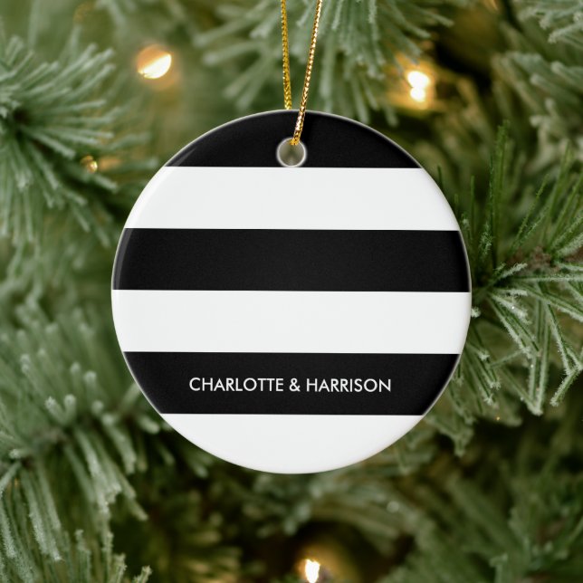 Modern stripes names monogram black and white ceramic ornament (Tree)