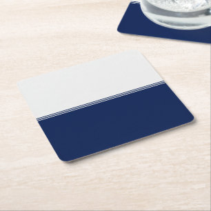 Modern Stripes Navy Blue Custom Square Paper Coaster