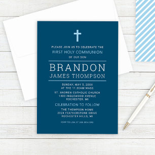 Modern Stripes Navy Blue First Communion Boy Invitation