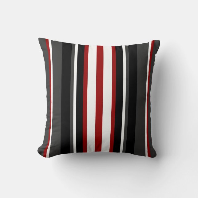 Modern Stripes Pattern  on Black/White/Grey/Red Throw Pillow (Front)