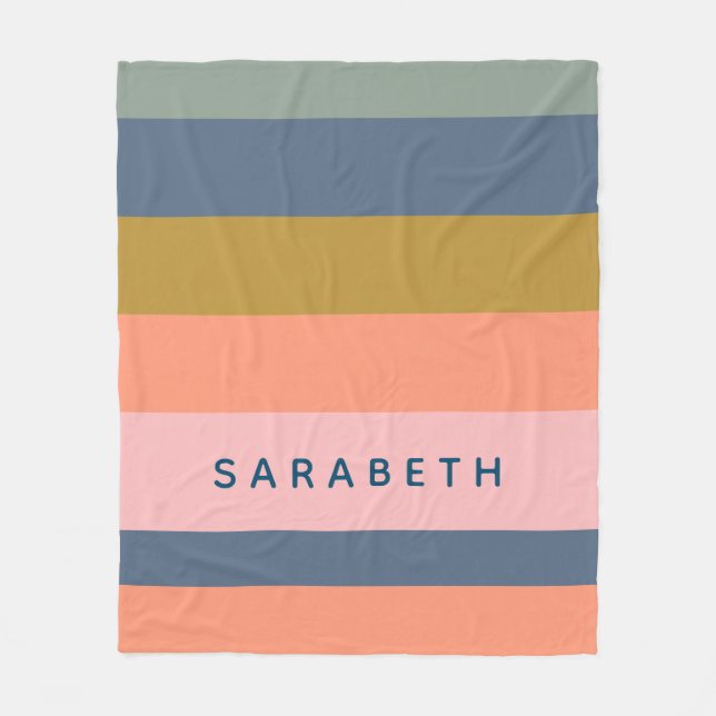 Modern Stripes Personalized Name Coral Navy  Fleece Blanket (Front)