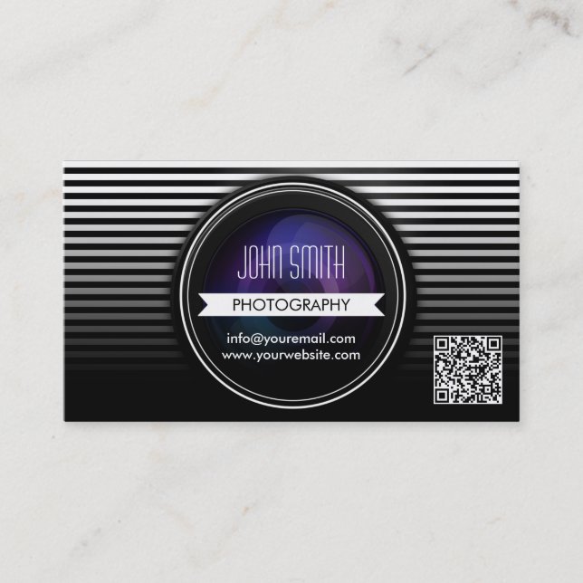 Modern Stripes QR Code Photography Business Card (Front)