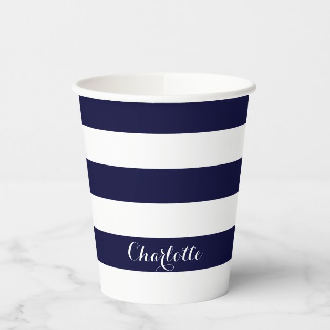 Modern stripes script name navy blue white chic paper cups (Left)