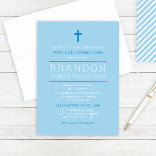 Modern Stripes Sky Blue First Communion Boy Invitation