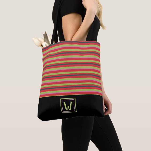 Modern Stripes with Elegant Monogram Tote Bag (Close Up)