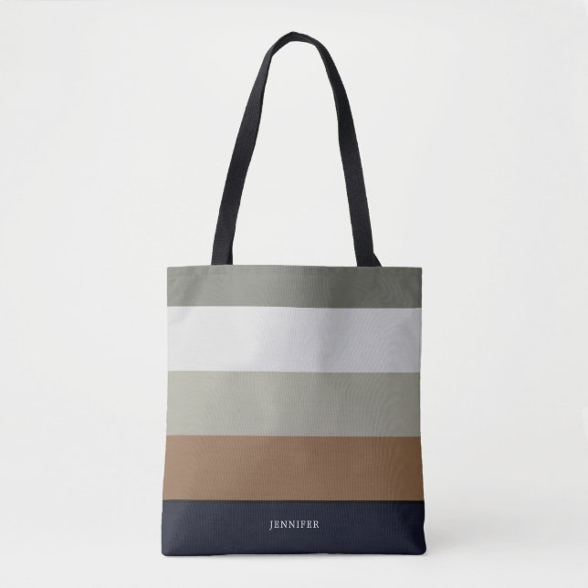Modern Stripes with Monogram Earthy Tote Bag (Front)