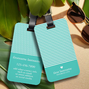 Modern Stripes with Upscale Heart Monogram aqua Luggage Tag