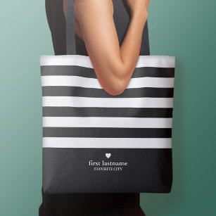Modern Stripes with Upscale Heart Monogram - Black Crossbody Bag