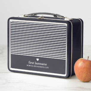 Modern Stripes with Upscale Heart Monogram Black Metal Lunch Box