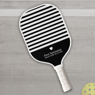 Modern Stripes with Upscale Heart Monogram Black Pickleball Paddle