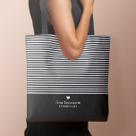 Modern Stripes with Upscale Heart Monogram Black Tote Bag<br><div class="desc">This design includes a trendy white striped pattern - If your art still needs to be adjusted,  click on the Customize This button. This will take you to a design area where you can move things around and even change fonts or color.</div>