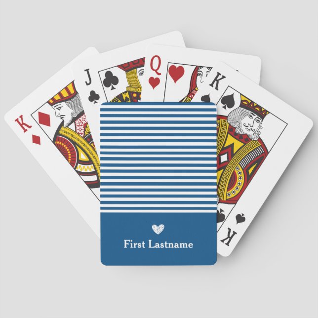 Modern Stripes with Upscale Heart Monogram blue  Playing Cards (Back)