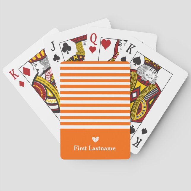 Modern Stripes with Upscale Heart Monogram Orange  Playing Cards (Back)
