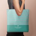 Modern Stripes with Upscale Heart Monogram Tote Bag<br><div class="desc">Teal green with trendy white striped pattern - If your art still needs to be adjusted,  click on the Customize This button. This will take you to a design area where you can move things around and even change fonts or colour.</div>