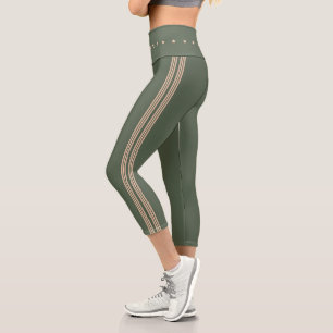 Modern Stripes Yoga Fitness Gym Moss Green  Capri Leggings