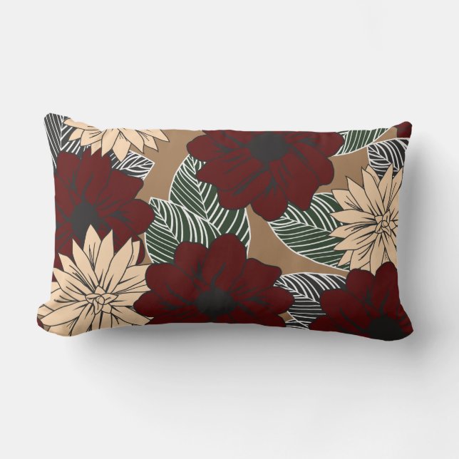 Modern Style Bold Red Tan Flowers Lumbar Pillow (Front)