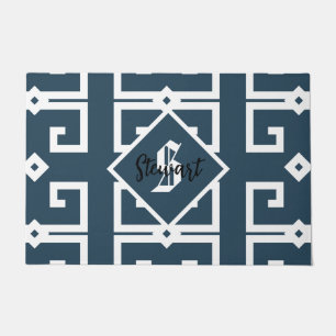 Modern style greek key blue and white monogram  doormat