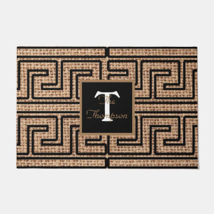 Modern style monogrammed greek key burlap border doormat