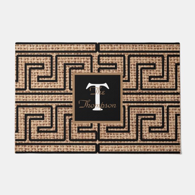 Modern style monogrammed greek key burlap border doormat (Front)