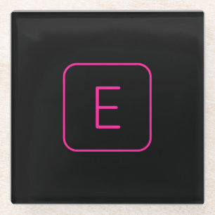 Modern Styled Initial Monogram Pink & Black Glass Coaster