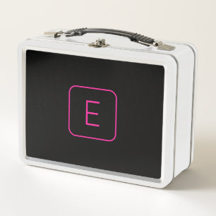 Modern Styled Initial Monogram Pink & Black Metal Lunch Box