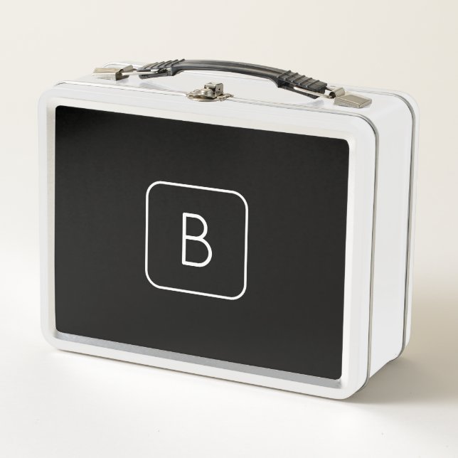 Modern Styled Initial Monogram | White & Black Metal Lunch Box (Front)