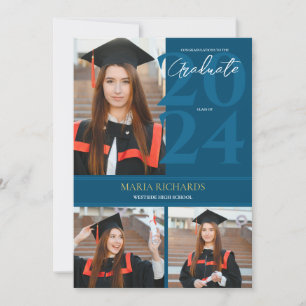 Modern Stylish 3 Photo Collage Blue Graduation Announcement