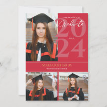 Modern Stylish 3 Photo Collage Red Graduation