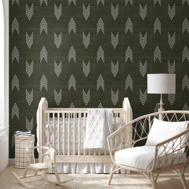 Modern Stylish African Mudcloth Dark Green Wallpaper (Kids)