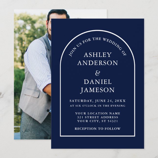 Modern Stylish Arch Blue Photo Wedding Invitation (Front/Back)