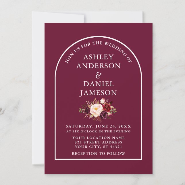 Modern Stylish Arch Burgundy Floral Wedding Invitation (Front)