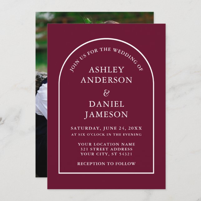 Modern Stylish Arch Burgundy Photo Wedding Invitation (Front/Back)