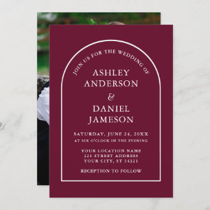 Modern Stylish Arch Burgundy Photo Wedding Invitation