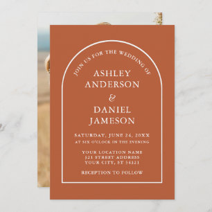 Modern Stylish Arch Burnt Orange Photo Wedding Invitation