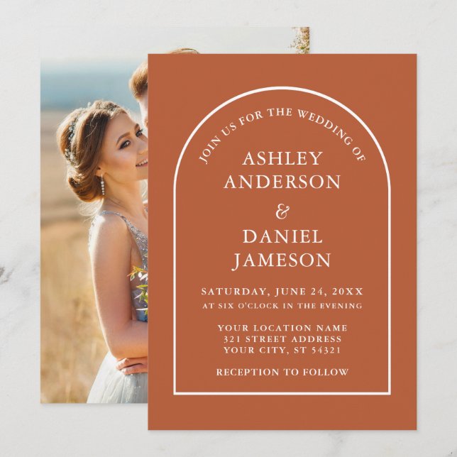 Modern Stylish Arch Burnt Orange Photo Wedding Invitation (Front/Back)