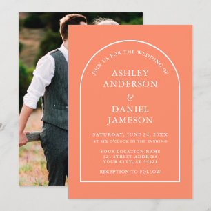 Modern Stylish Arch Coral Photo Wedding Invitation