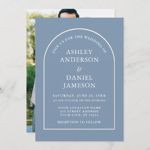Modern Stylish Arch Dusty Blue Photo Wedding Invitation